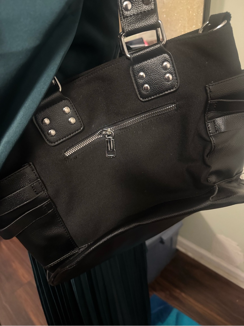 Black Studded Canvas Tote with Chain Accent - Picture 5 of 6